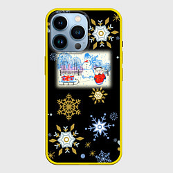 Чехол для iPhone 14 Pro Новый год мальчик с санками, цвет: 3D-желтый