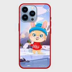 Чехол для iPhone 14 Pro Зайчик чистит снег, цвет: 3D-красный