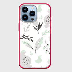 Чехол для iPhone 14 Pro Зайцы и растения паттерн, цвет: 3D-малиновый