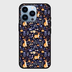 Чехол для iPhone 14 Pro Оранжевые зайчики в траве на синем фоне, цвет: 3D-черный