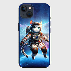 Чехол для iPhone 14 Кот космонавт в космосе, цвет: 3D-тёмно-синий