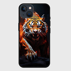Чехол для iPhone 14 Злой тигр в огне рычит и нападает, цвет: 3D-черный