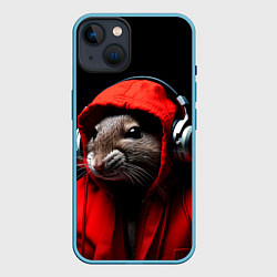 Чехол для iPhone 14 Крыса диджей в наушниках и капюшоне, цвет: 3D-голубой