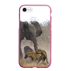 Чехол iPhone 7/8 матовый Гиены охотятся на слона, цвет: 3D-малиновый