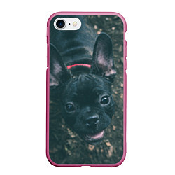 Чехол iPhone 7/8 матовый Бульдог морда собакена черного, цвет: 3D-малиновый
