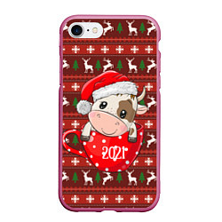 Чехол iPhone 7/8 матовый Милый новогодний бычок 2021, цвет: 3D-малиновый