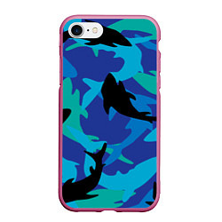 Чехол iPhone 7/8 матовый Акулы паттерн, цвет: 3D-малиновый