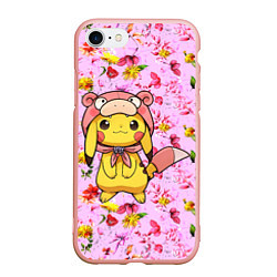 Чехол iPhone 7/8 матовый Пикачу в цветочках, цвет: 3D-светло-розовый