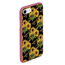 Чехол iPhone 7/8 матовый Fashion Sunflowers and bees, цвет: 3D-малиновый — фото 2