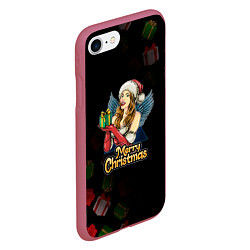 Чехол iPhone 7/8 матовый Merry Christmas Снегурочка с подарком, цвет: 3D-малиновый — фото 2