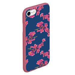 Чехол iPhone 7/8 матовый Веточки айвы с розовыми цветами на синем фоне, цвет: 3D-малиновый — фото 2