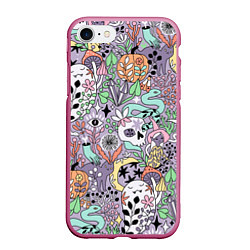 Чехол iPhone 7/8 матовый Хэллоуин Ведьма, кот, череп, тыква, призрак и гриб, цвет: 3D-малиновый