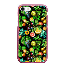 Чехол iPhone 7/8 матовый Сочные фрукты - персик, груша, слива, ананас, цвет: 3D-малиновый