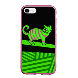 Чехол iPhone 7/8 матовый Зеленый полосатый кот, цвет: 3D-малиновый
