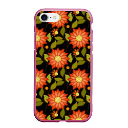 Чехол iPhone 7/8 матовый Оранжевые цветы на черном фоне, цвет: 3D-малиновый
