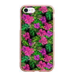 Чехол iPhone 7/8 матовый Тропические листья и цветы на черном фоне