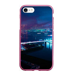 Чехол iPhone 7/8 матовый Неоновый город и мост - Синий, цвет: 3D-малиновый