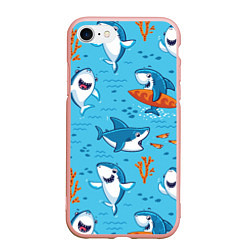 Чехол iPhone 7/8 матовый Прикольные акулята - паттерн, цвет: 3D-светло-розовый