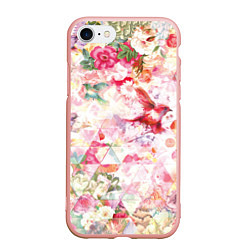 Чехол iPhone 7/8 матовый Птицы, цветы, узоры, цвет: 3D-светло-розовый