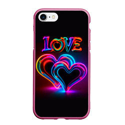 Чехол iPhone 7/8 матовый Love - неоновые сердца, цвет: 3D-малиновый