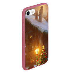Чехол iPhone 7/8 матовый Cельский коттедж, засыпанный снегом, цвет: 3D-малиновый — фото 2