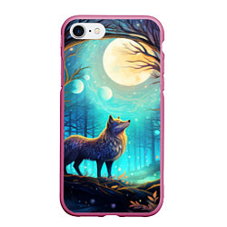 Чехол iPhone 7/8 матовый Волк в ночном лесу в folk art стиле, цвет: 3D-малиновый