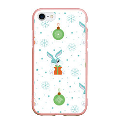 Чехол iPhone 7/8 матовый Кролик с подарком и новогодними шариками, цвет: 3D-светло-розовый