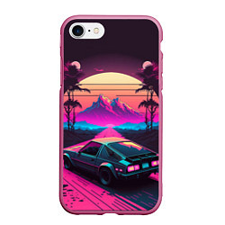 Чехол iPhone 7/8 матовый Synthwave car and mountains, цвет: 3D-малиновый