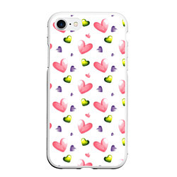Чехол iPhone 7/8 матовый Акварельные сердечки - паттерн, цвет: 3D-белый