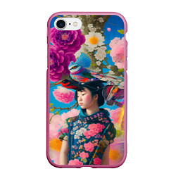 Чехол iPhone 7/8 матовый Девочка с птицами среди цветов - мскусство, цвет: 3D-малиновый
