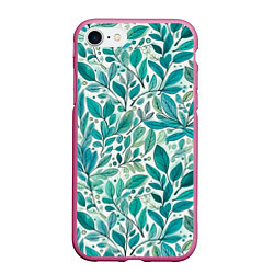 Чехол iPhone 7/8 матовый Нежные акварельные листья, голубые и зеленые, цвет: 3D-малиновый