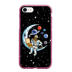 Чехол iPhone 7/8 матовый Skeleton astronaut eats pizza while sitting on the, цвет: 3D-малиновый