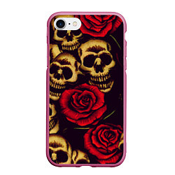 Чехол iPhone 7/8 матовый Цветущие черепа с розой, цвет: 3D-малиновый