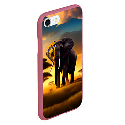 Чехол iPhone 7/8 матовый Слон и рассвет в саванне, цвет: 3D-малиновый — фото 2