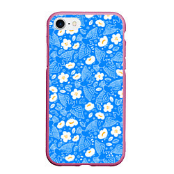 Чехол iPhone 7/8 матовый Белые птицы голуби и цветы яблони на синем фоне не, цвет: 3D-малиновый