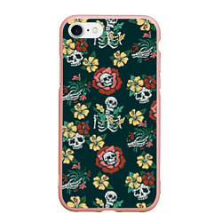 Чехол iPhone 7/8 матовый Скелеты и черепа среди цветов, цвет: 3D-светло-розовый