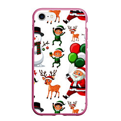 Чехол iPhone 7/8 матовый Зимний праздник - деды морозы гномы олени, цвет: 3D-малиновый