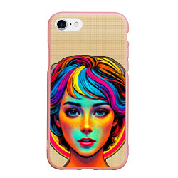Чехол iPhone 7/8 матовый Девушка с разноцветными волосами на клетчатом фоне, цвет: 3D-светло-розовый