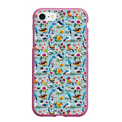 Чехол iPhone 7/8 матовый Вязаные птички паттерн, цвет: 3D-малиновый