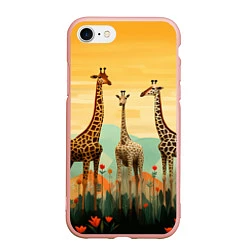 Чехол iPhone 7/8 матовый Три жирафа в стиле фолк-арт, цвет: 3D-светло-розовый