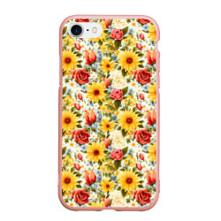 Чехол iPhone 7/8 матовый Паттерн из желтых и красных цветов, цвет: 3D-светло-розовый