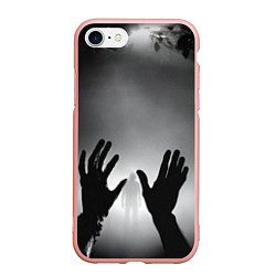 Чехол iPhone 7/8 матовый Руки зомби и силуэт в тумане, цвет: 3D-светло-розовый
