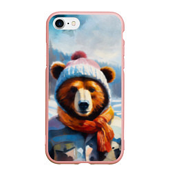 Чехол iPhone 7/8 матовый Бурый медведь в зимней одежде, цвет: 3D-светло-розовый