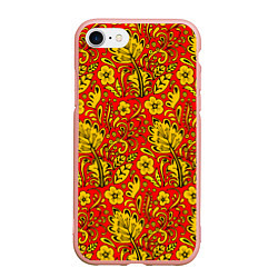 Чехол iPhone 7/8 матовый Хохломская роспись золотистые цветы на красном фон, цвет: 3D-светло-розовый