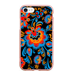 Чехол iPhone 7/8 матовый Хохломская роспись разноцветные цветы на чёроном ф
