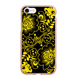 Чехол iPhone 7/8 матовый Хохломская роспись золотые цветы на чёроном фоне