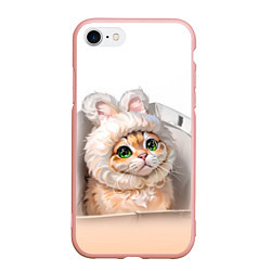 Чехол iPhone 7/8 матовый Милый кот-мем в шапке с ушками - бежевый градиент, цвет: 3D-светло-розовый