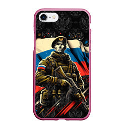 Чехол iPhone 7/8 матовый Русский солдат на фоне флага России, цвет: 3D-малиновый