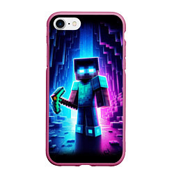 Чехол iPhone 7/8 матовый Minecraft - neon character ai art, цвет: 3D-малиновый