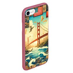 Чехол iPhone 7/8 матовый Мост через реку и пэчворк - нейросеть арт USA brid, цвет: 3D-малиновый — фото 2